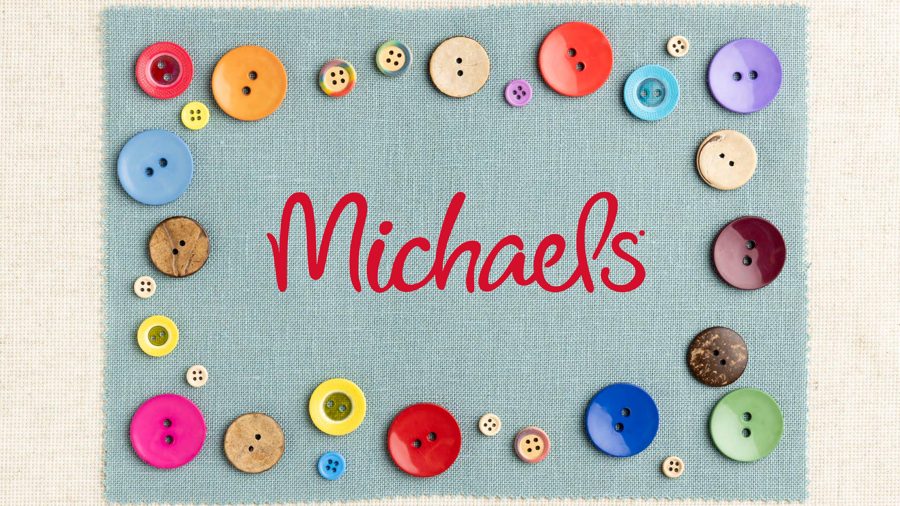Closing brand book page with buttons spelling out Michaels