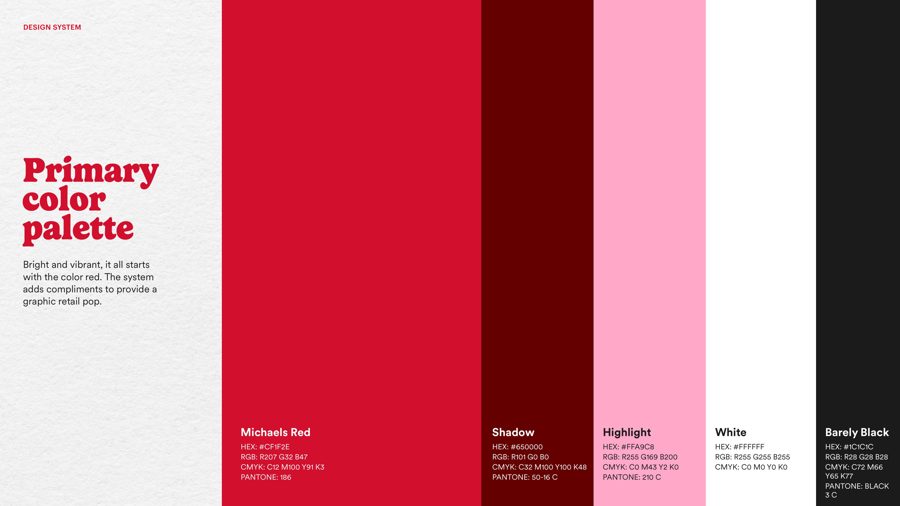 Brand book page showing the primary color palette with hex and Pantone values