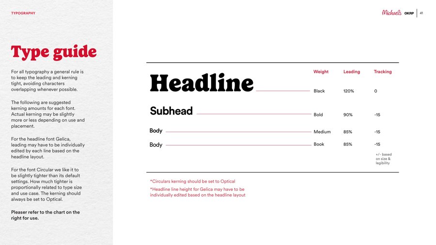 Brand book type guide page showing headline, subhead, and body type specs